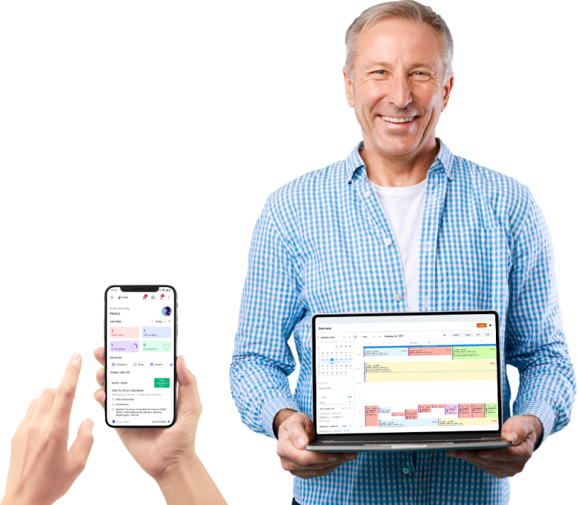 Field service manager using Zuper on laptop and mobile