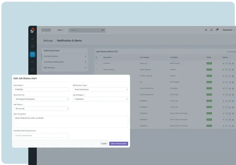 Mobile notification interface showing real-time job alerts for field technicians