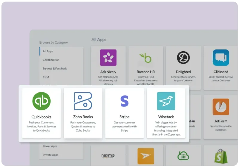 Estimating software integration diagram showing connections to CRM and accounting