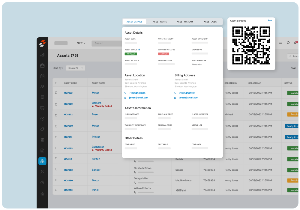 Asset registry showing equipment list with service history and status