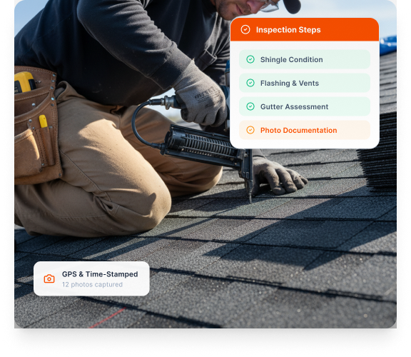 Inspection checklist and report interface showing roof documentation workflow