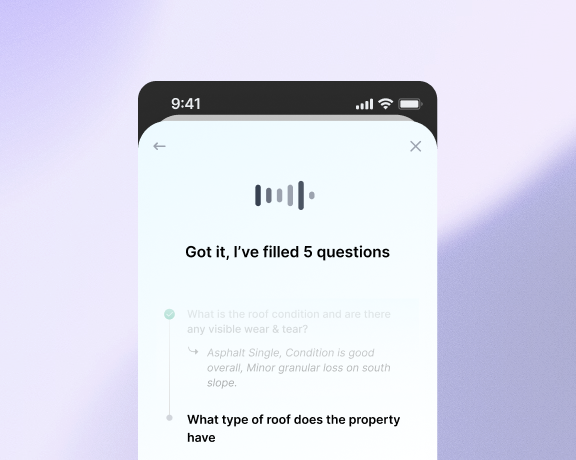 Inspection checklist and report interface showing roof documentation workflow