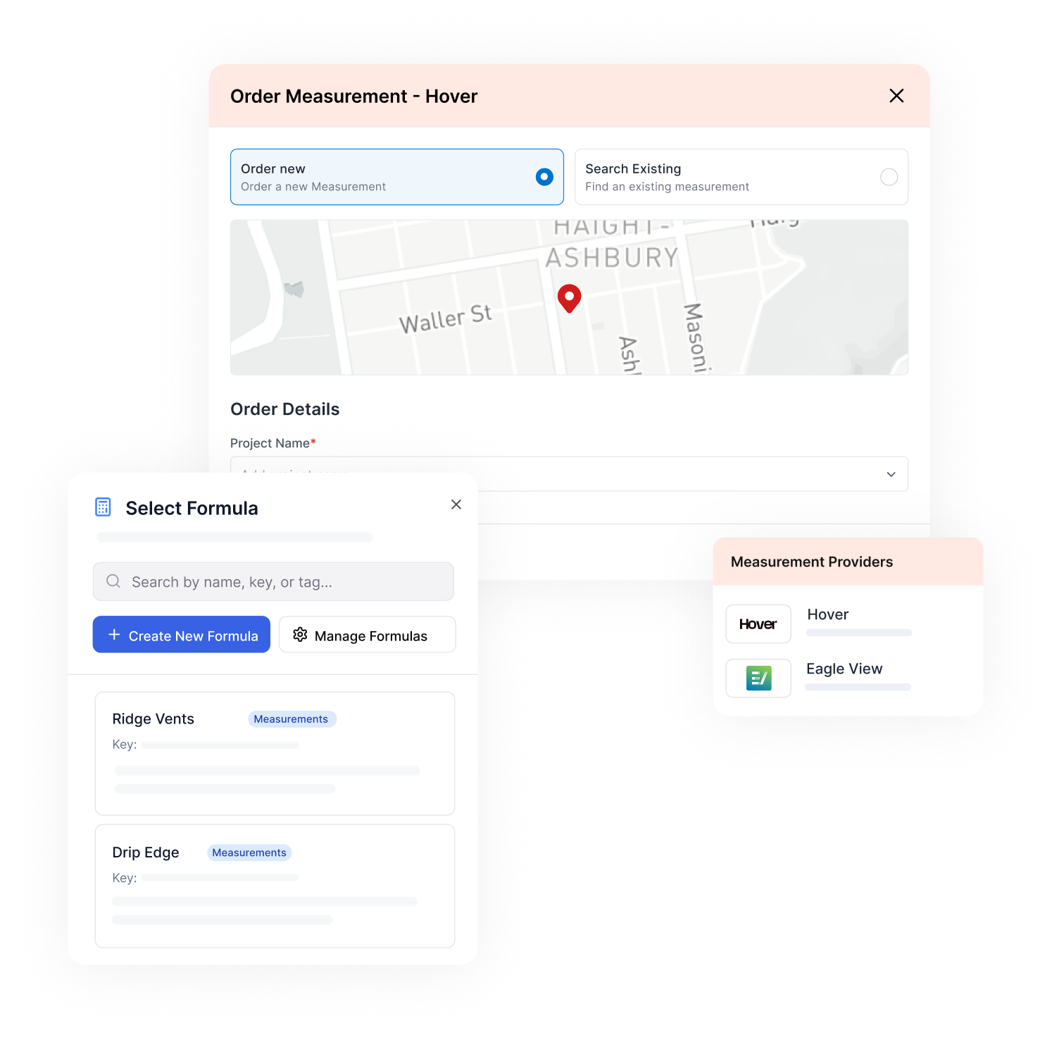 Measurement-driven pricing interface with formula selection and measurement providers