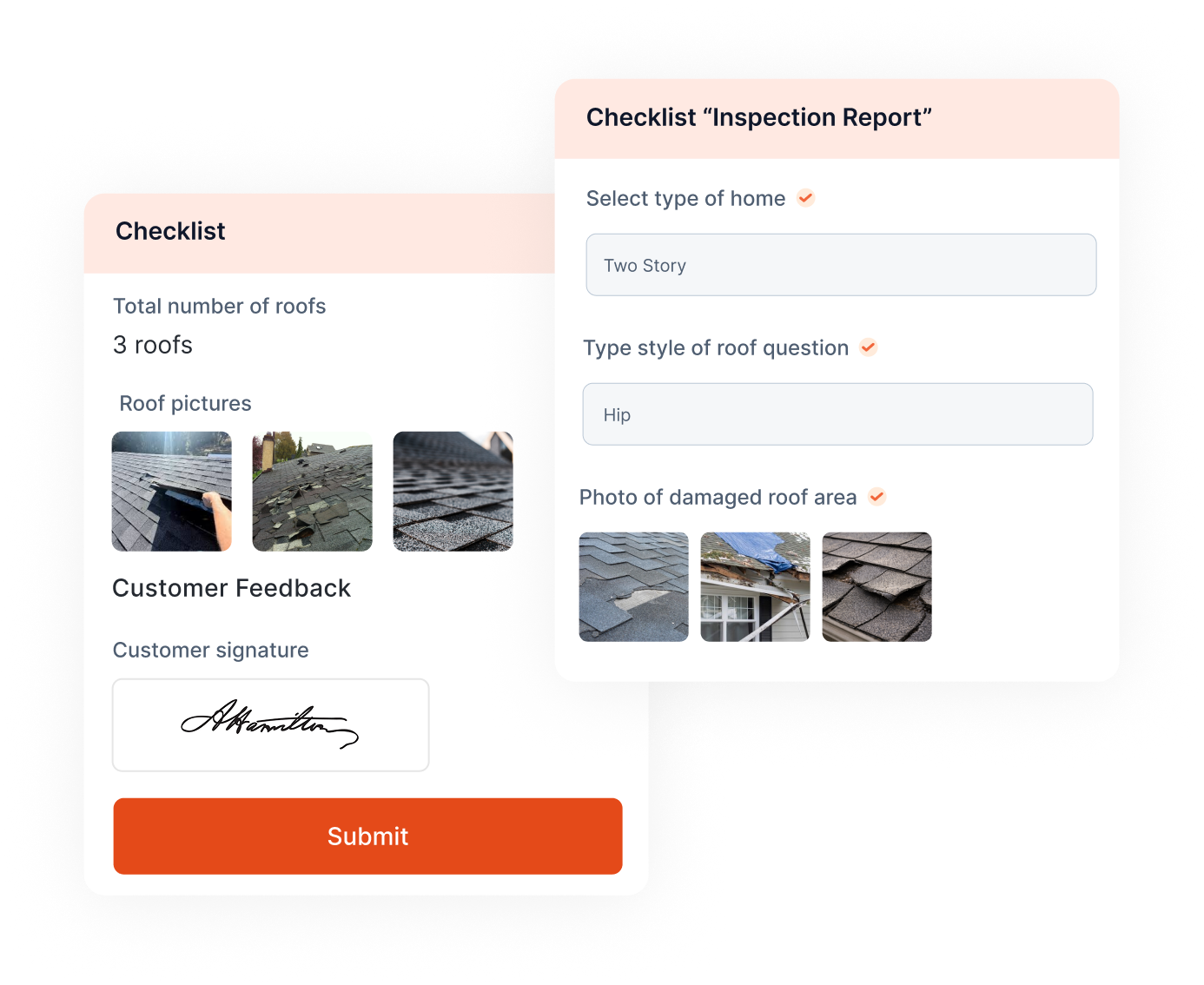 Inspection checklist and report interface showing roof documentation workflow