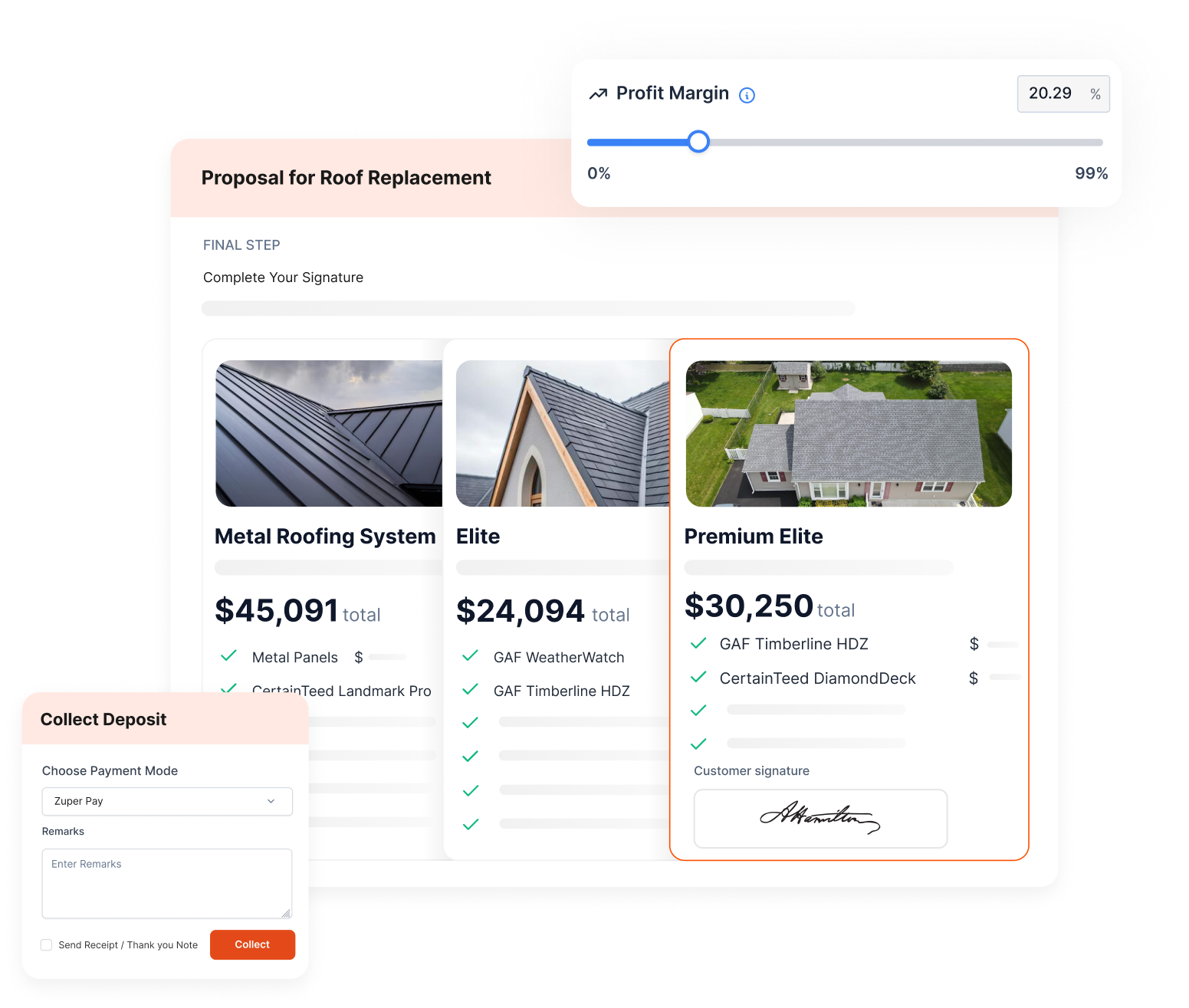 Proposal interface with tiered roofing options, profit margin slider, and payment collection
