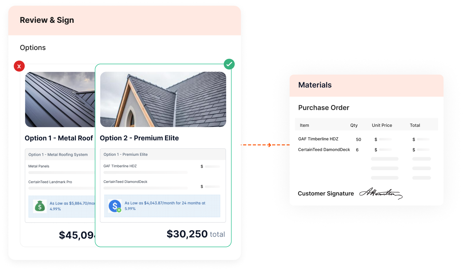 Options selection interface with materials purchase order and customer signature