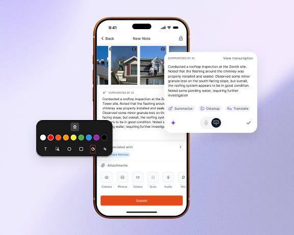 Mobile app showing photo markup, annotations, and voice-to-text note capture for job documentation