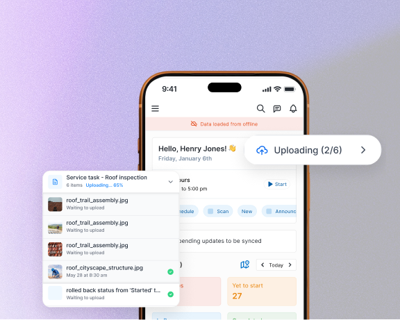 Mobile app showing offline sync status with queued job updates and uploading indicator