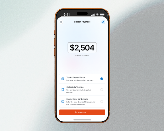 Mobile app showing on-site payment collection screen with invoice total and digital payment options