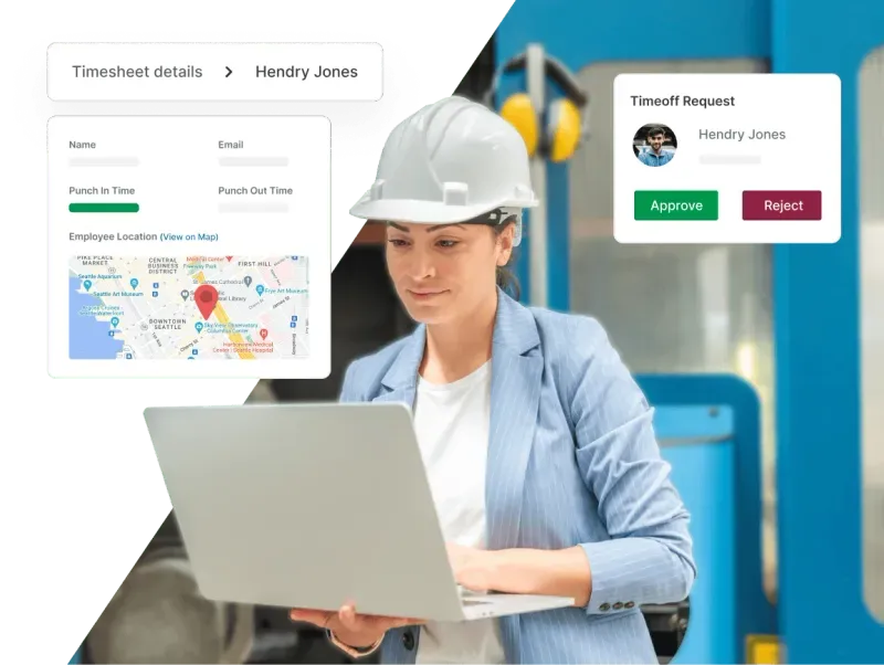 Timesheet management dashboard showing employee hours and approval status