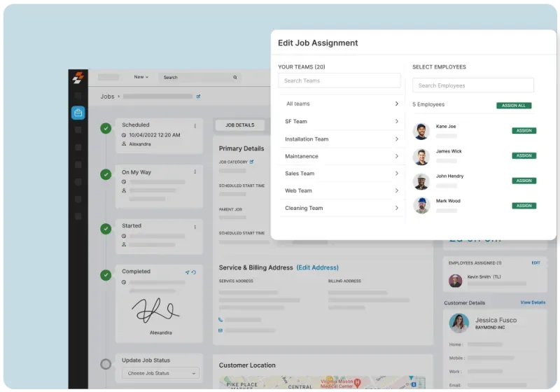 Dispatcher screen showing work order creation form with technician assignment and job details